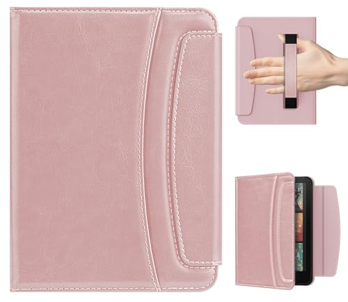 MoKo Hülle mit Handschlaufe für 7 Kindle Paperwhite(12. Gen-2024) und Kindle Colorsoft 2024&2025, Slim PU Shell Magentic Clasp Hülle mit Auto-Wake/Sleep und Kartenhalterung für Kindle Ereader, Rosa