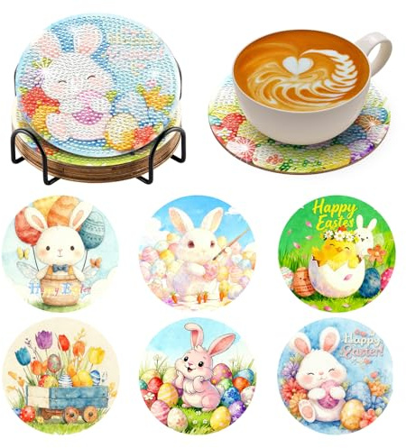 BNG Easter Diamond Painting Untersetzer Mit Halter, 6 Stück DIY Bastel Untersetzer für Erwachsene, Kunstmalerei Sets für Frauen, Anfänger, Diamant Bastelzubehör