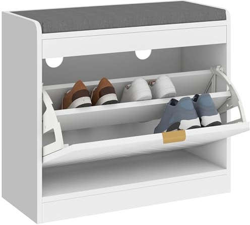 HOMCOM Shoe Storage Bench, Narrow Shoe Cabinet with 1 Flip Drawers, Seating Cushion and 4 Vents for Entryway, Hallway, for 5 Pairs of Shoes, White