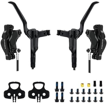 BlissfulAbode Set freno a disco idraulico a 4 pistoncini per mountain bike, pinza in alluminio lavorato CNC con sistema a doppio circuito olio, forza frenante 641N, olio minerale,