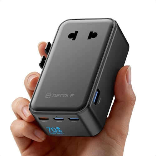 decqle “Air” Universell Reseadapter med 3 USB-C(GaN 70W) ＆ 1 USB-A | Internationell Reseadapter, INGEN Spänningsomvandlare, för Tyskland, USA, England, Australien ＆ 200+ Länder (Svart)