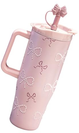 Multipurpose vakuumflaska 1200 ml kapacitet, rostfritt stål isolerad vattenflaska med unika pärlor och brett handtag rostfri vattenflaska(Pink· bow)