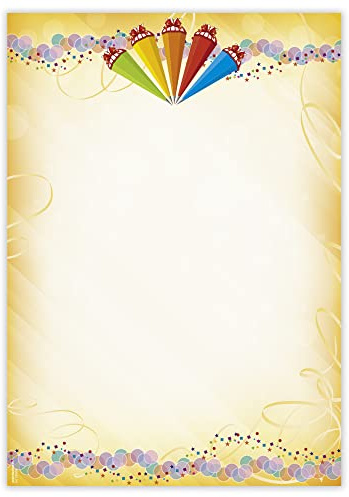 Designpapier Zuckertüten DP895 – 50 Blatt Briefpapier – Hochwertiges Motivpapier Schulanfang, Einladung, Brief, Jubiläum, Schuleingang – Laser- & Inkjetdrucker geeignet – Druckerpapier A4 90g/m²
