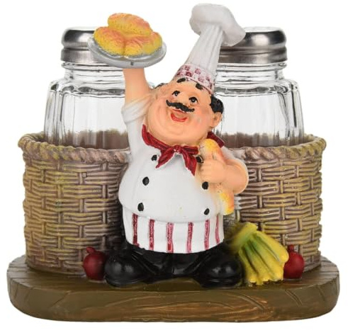Salt and Pepper Shaker Set, Chef Figurine Salt Shaker Refillable Salt and Pepper Pots with Spice Holder - Chef Holding Bread