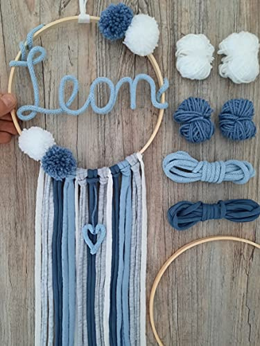 LIDAM Wanddeko-Kinderzimmer - wunderschönes Bastelset mit Namen (blau) - Traumfänger-Kinder, Türschild aus Bambusholz, Strickschlauch mit Draht +Bilderanleitung