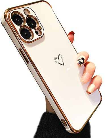 ZTOFERA Compatible with iPhone 12 Pro Max (6.7-Inch) Case for Girls Women, Flexible Silicone Protective Phone Case with Cute Heart Pattern Gold Edging Shockproof Bumper Cover, White