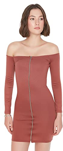 Trendyol Dam mini off-shoulder scoop neck stickad klänning dam, kastanj, L