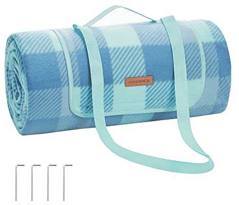 SONGMICS Picknickdecke, 300 x 200 cm, mit 4 Erdankern, groß, Campingdecke, für Park, Garten, Strand, wasserdicht, faltbar, grün-blau GCM012Q03
