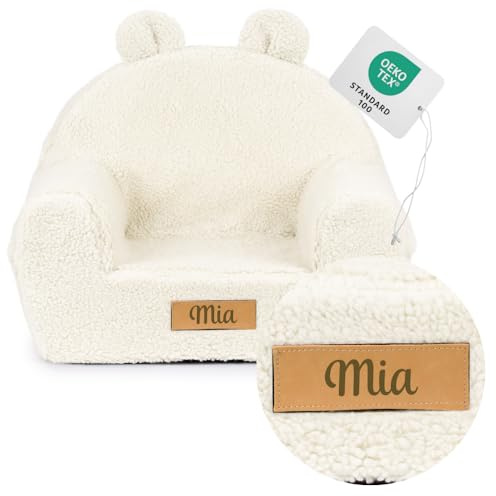 Flumi personalised toddler armchair – sofa chair for nursery & playroom – washable removable cover – engraved name (light teddy)