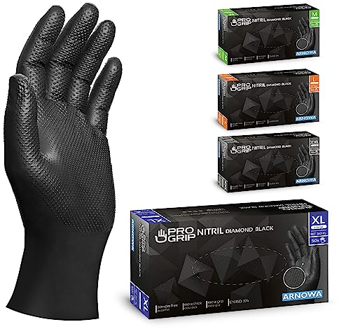 PROGRIP Einweghandschuhe Diamant Grip, Schwarz, Einmalhandschuhe Extra Stark, Nitrilhandschuhe Gr. XL, 2x dicker, Handschuhe Einweg, Arbeitshandschuhe für Werkstatt & Montage, 50 Stk/Box