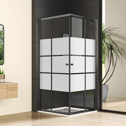 Goezes Duschkabine Eckeinstieg 80x80cm Schwarz Schiebetür Duschabtrennung, Gestreift Glas Dusche mit Doppel Schiebetür Duschschiebetür aus 6mm ESG Sicherheitsglas, Duschwand Duschtür Höhe 185cm