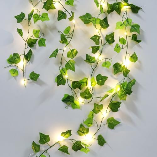 Jiusely Artificial Green Leaves, 6.5FT Fake Plants Artificial Plants with 20 LED Fairy Lights Vine Hanging Garland Hanging for Home Kitchen Garden Office Wedding Wall Decor Green