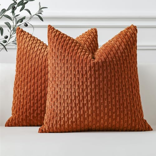 Sungeek Lot de 2 Housse de Coussin Rouille 40x40 cm en Velours Côtelé, Housse Coussins Rayures Bohèmes Doux Taies d'oreiller Décoratives pour Lit Canapé Chaise Chambre Salon