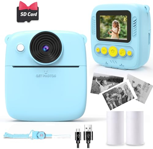 NUOTUN Sofortbildkamera Kinder, Kinder Kamera mit Fotos drucken, 2,0 Zoll HD Bildschirm, 8X Zoom, 1080P Digitalkamera mit Druckpapier & Karte, Kinderkamera Geschenk mädchen & Junge 3-12 Jahre (Blau)