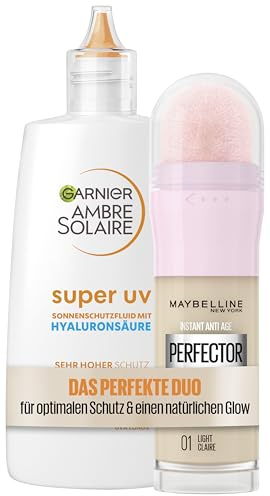 Maybelline New York 4-in-1 Make Up, Instant Perfector Glow, Nr. 01 Light, 20 ml + Garnier Antioxidatives UV-Sonnenschutz-Fluid, LSF 50+, nicht fettende Sonnencreme, Hyaluronsäure, Ambre Solaire, 40 ml