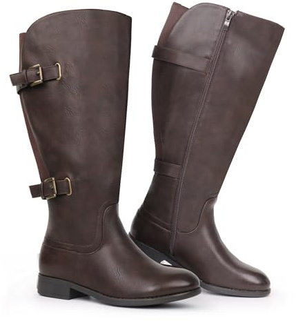 Chicblooms Botas clásicas de caña ancha con tacón plano y doble hebilla trasera elásticas para mujer