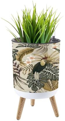 Vaso da fiori decorativo da 35,5 cm con gambe in legno massello, tropicale, vintage, esotico con ibisco e foglie di palma, con sensore di livello dell'acqua, per piante da interni ed esterni