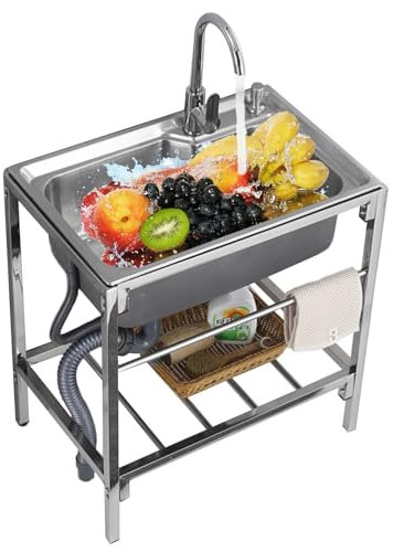Fregadero Acero Inox con Grifo, Acero Inoxidable Fregadero de un Seno mit Estante de Almacenamiento, Fregadero de Cocina Independiente para Cocina, Restaurante, Garaje, Jardín