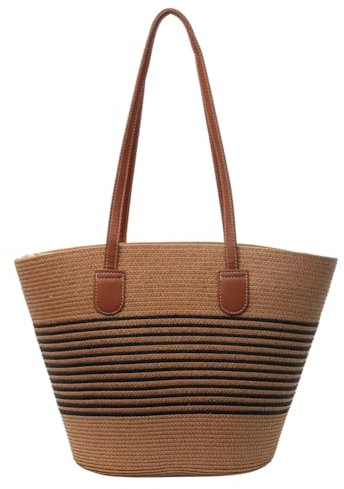 Fiorky Straw Woven Tote Bag for Women Large Capacity Summer Beach Travel Handbag Women Stripe Woven Handmade Bag with Zipper Vacation Bag Tote Bag Solid Color for Girls Travel Work Shopping