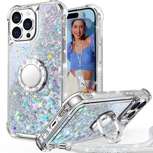 Unlicaku Glitter Case for iPhone 14 Pro, Ring Stand & Lanyard, Silver | Bling Sparkle Diamond Protective Phone Cover for Women Girls