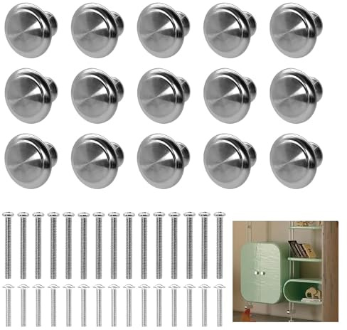 15PCS Cabinet Door Knobs, 27mm Diameter Metal Round Drawer Knobs Mushroom Draw Handles Cabinet Knobs Stainless Steel Wardrobe Door Knobs with 30 Screws Long and Short for Cupboard Wardrobe Furniture