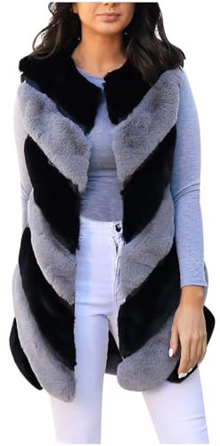 Komiseup Fleecejacke Damen, Winterjacke Damen Weste Damen Lang Winter Pelzmantel Ärmellose Kunstpelz Jacke Elegant Wintermantel Dick Plüschjacke mit Kapuze Faux Pelz Coat Kunstfell Oberbekleidung 06