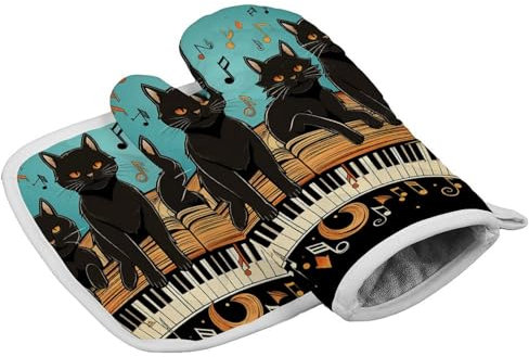 Gants de cuisine personnalisés résistants à la chaleur avec quatre chats noirs sur le piano - Gants de cuisine doux pour femme - Pour cuisine, barbecue, grillin, Thanksgiving