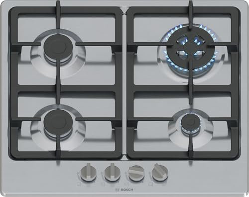Bosch PGH6B5K90 Serie 4 Piano Cottura a Gas, Bruciatore Wok: Potenza Fino a 3.3 Kw, Griglie in Ghisa, Acciaio, 60 Cm, 3 zone + Wok, Inox
