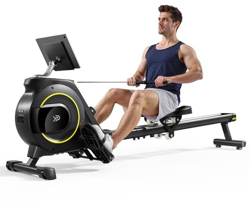 YPOO Rameur magnétique pour salle de sport à domicile, rameur pliable silencieux à 16 niveaux avec double rail coulissant, rameur pliable de 158,8 kg avec écran LCD, coussin de siège et application