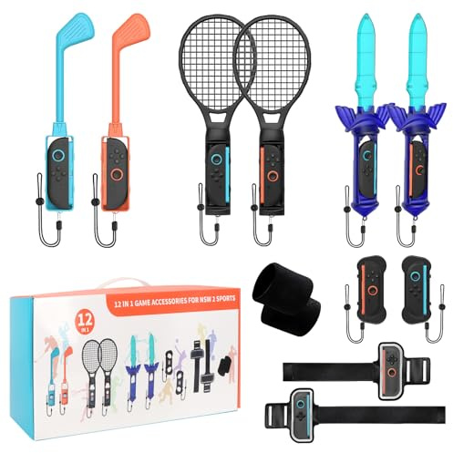 12 in 1 Switch Spiel Sport Zubehör Bündel Kit für Nintendo Switch 2 2025, Family Somatosensory Set für NS Sports Games Joy-Con Mario mit Controller-Griffe, Tennisschläger, Golfschläger, Swords