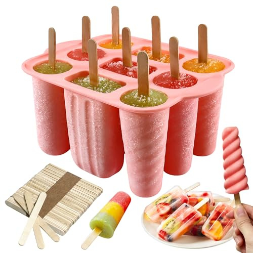 Ice Lolly Moulds, 9 Cavity Silicone Ice Lolly Tray & Ice Cream Moulds with 50 Wooden Stick, BPA Free Large Reusable Popsicle Mold Set, Homemade Ice Pop Maker for Kids Summer DIY Kitchen Tools (Pink)