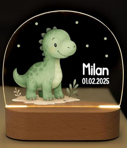 Bärenfreunde personalisiertes Nachtlicht für Babys, Nachttischlampe für Kinderzimmer, Babyzimmer, Nachttisch optional mit Akku und Fernbedienung als Geschenk für Kinder (Baby Dino grün Punkte)