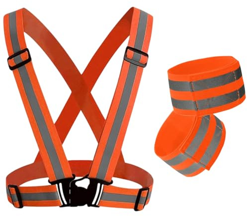 YSDINK Warnweste Reflektierende Sicherheitsweste + 2 STK Reflektor Armband für Joggen Fahrrad Motorrad - Hohe Sichtbarkeit und einstellbare Einsätze für Erwachsene und Kinder (Orange)