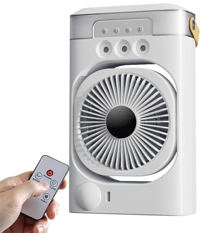 Klimaanlage Mobil mit Fernbedienung, Ventilator mit Wasserkühlung 600ML,4-in-1 Mini Klimaanlage für Zimmer,3 Windgeschwindigkeiten,7 Farben Licht 3 Sprühfunktion (Wiederaufladbar)