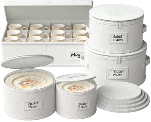 Ofiray-home Hard Shell China Storage Containers - 5 Piece Set | with Felt Dividers, Stackable Dish Storage Containers, Fits Plates, Saucers and Mugs, Ideal for Moving and Seasonal Storage