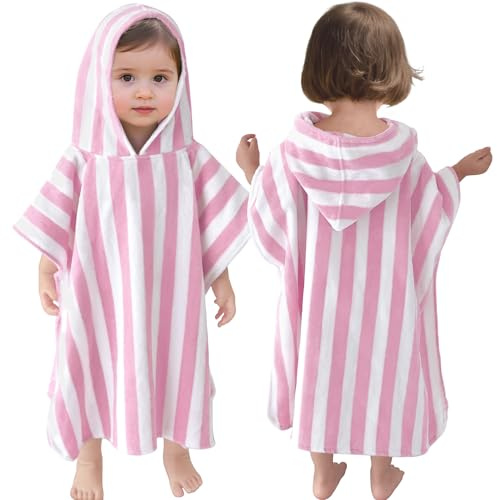 VOOVA & MOVAS Toddler Towels with Hood, Oversized (2-4Years,21X21) Made from 100% Soft Cotton,Absorbent Hooded Poncho Towel for Baby Girls,Perfect for Pool | Swimming | Bath | Beach,Pink Stripe