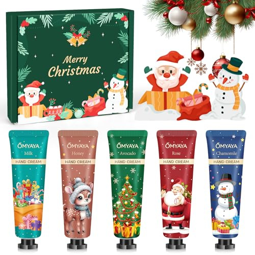 Set de Creme Main pour Cadeau de Noël, 5x30ml Mini Crèmes Mains Coffret Cadeau - Crème Nourrissante pour les Mains et Pieds Secs et Gercés - Petit Cadeau pour Femmes, Collègue, Amie, Dame, Maman