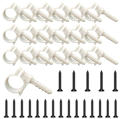 TONGIHS 20 Stück Schraubrohrschellen Set mit Stockschrauben und Dübeln, Rohrclip aus Kunststoff, 32 mm, Rohrstützhalter, Weiß, Rohrklemme für Kunststoffrohren, Gummischläuchen