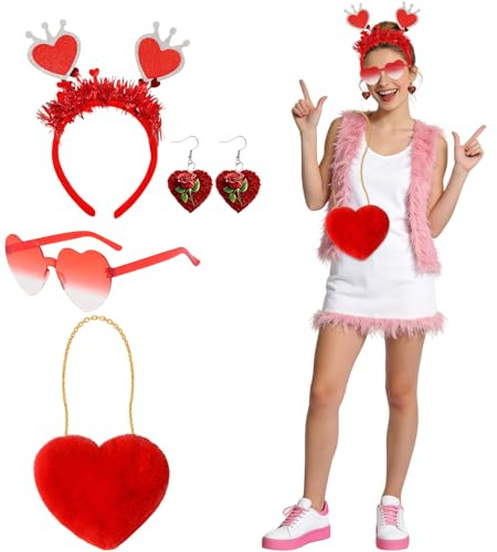 SANLIUSANJIU Damen Amor Kostüm Set Enthält Rot Herzform Plüschtasche, Herzförmiger Kronen-Haarreif, Herz Sonnenbrille usw. für Fasching Karneval Valentinstag Geburtstag Geschenk