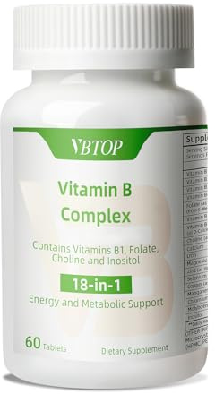 VBTOP Vitamin B Complex, with Vitamins B1, B2, B3, B5, B6, B12, folic Acid, Choline, zinc, Calcium, inositol, for Brain and Heart Health, Immune Health, and Cellular Energy Support, 60 Tablets