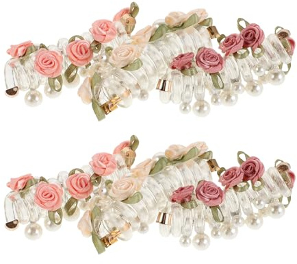 FONDOTIN Gomas Pelo Espiral Diseño de Perlas y Flores en Forma de Cable Telefónico 6 Unidades 2 Rosa Oscuro 2 Beige 2 Rosa Claro Elásticas Que No Dañan el Cabello para Niñas y
