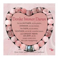 J.Fée Edelstein Armband Damen Heilsteine Armband Stress Perlenarmband Handgemacht, Elastisch 8.5MM Naturstein Rosa Zebra-Stein, Mondstein Bracelet Mit Motivationskarte, Muttertag Geschenk für Freund