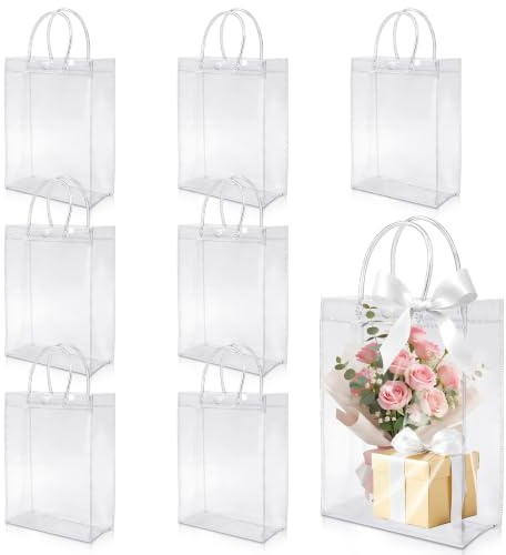 7 st genomskinliga presentpåsar transparenta 23 x 17 x 7 cm med handtag | Presentfolie PVC påskpresentpåsar transparent påse återanvändbara presentpåsar vattentäta för fest födelsedag