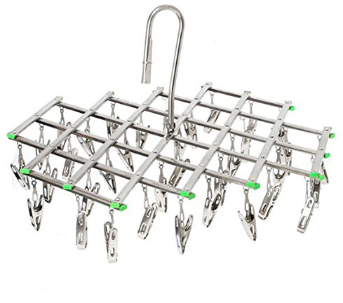 Stainless Steel Laundry Clothes Drying Rack Hanger, Multi Function Foldable Portable Travel Hanging Rack Hook, 35 Clips for Socks, Cloth Diapers, Towel, Underwear, Scarf, Panties, Gloves etc.