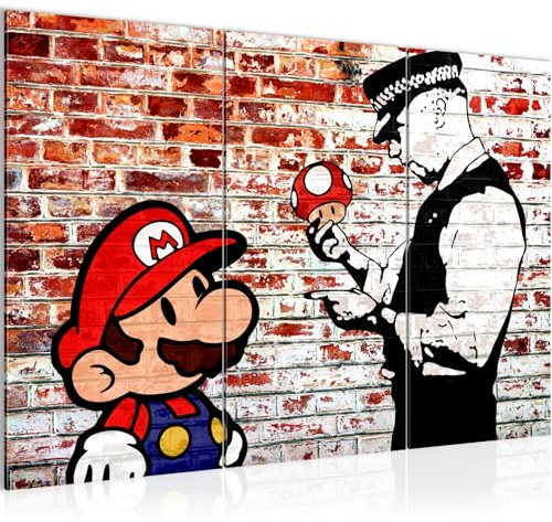 Runa Art Mario and Cop Banksy Väggmålningar vardagsrum XXL Grå Gatukonst 120 x 80 cm 3 Delar Väggdekoration 303031b