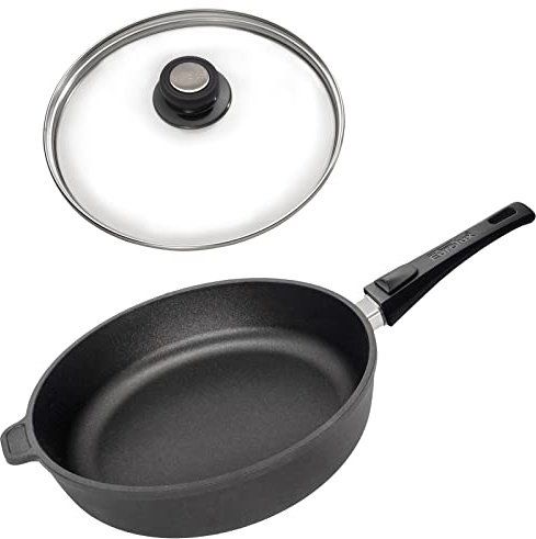 Eurolux Guss-Schmorpfanne Ø 28 cm Induktion Set mit Glas-Deckel - hoher 7 cm Rand - Alugusspfanne mit abnehmbaren Stiel & Antihaft-Beschichtung - Made in Germany