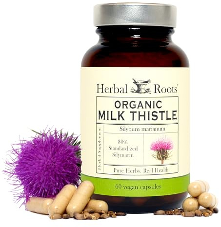 Herbal Roots Milk Thistle Capsules | Extra Strength 80% Silymarin Herbal Supplement | Made with Pure Organic Milk Thistle | Vegan and GMO Free