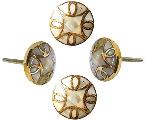 Perilla Home Set of 4 Premium Mother of Pearl Decorative Drawer Knobs - Gold Embroidered Vintage Kitchen Cabinet Handles Hardware Cupboard Door Unique Dresser Pulls Brass Round Knobs (Design-2)
