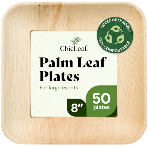 Chic Leaf Square Palm Leaf Plates - 8in, Pack of 50 - Eco-Friendly Compostable Disposable Tableware - Leak-Proof Disposable Plates for Versatile Party Tableware
