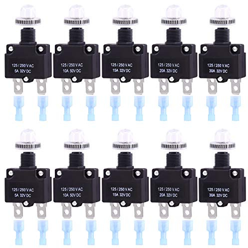Swpeet Interruttore di protezione termica con morsetti a collegamento rapido e tappi a bottone impermeabili, kit assortimento, 5 A, 10 A, 15 A, 20 A, 30 A, con pulsante impermeabile per interruttore